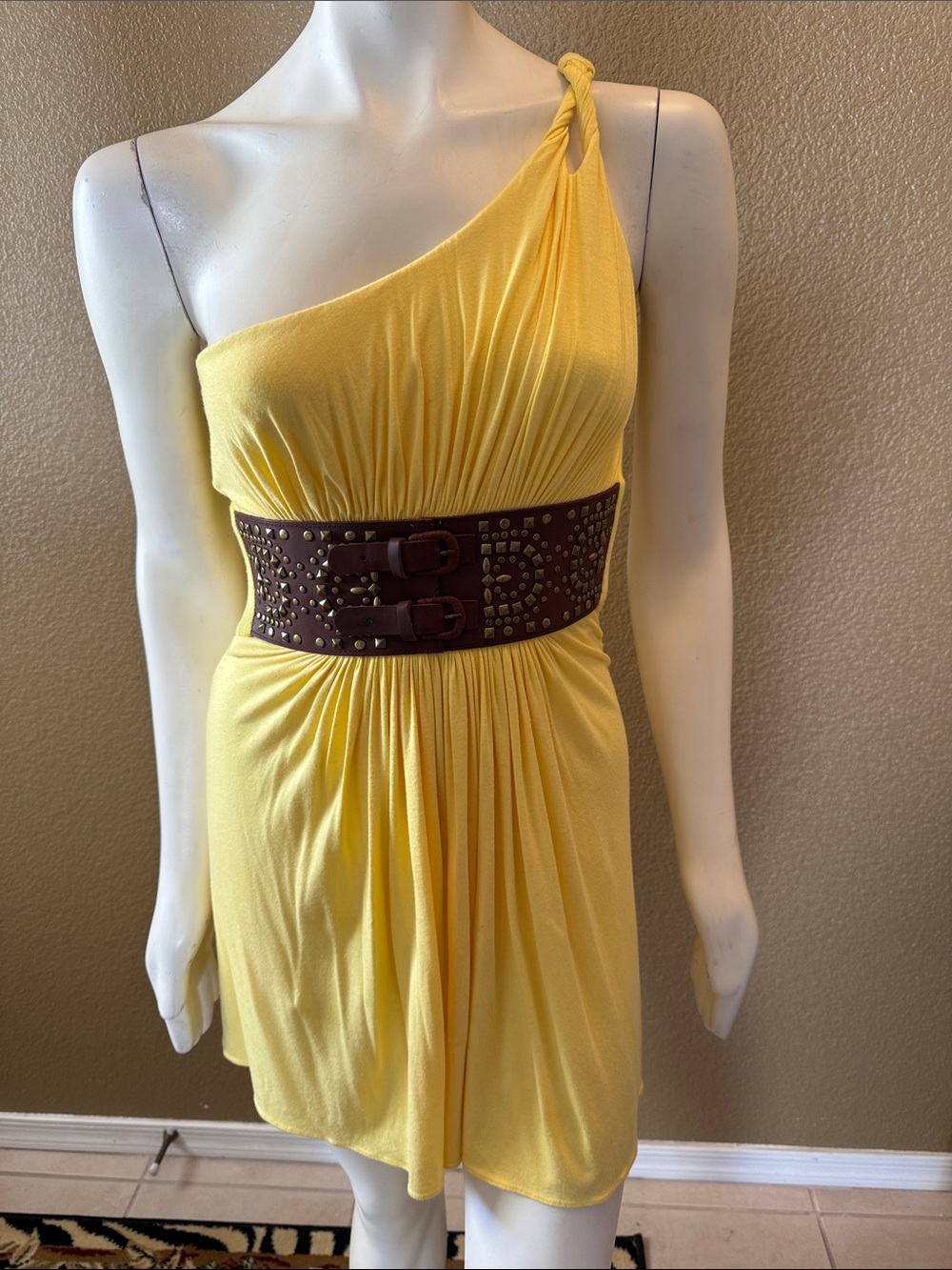 Sky Yellow One-Shoulder Dress with Brown Studded Waist Belt